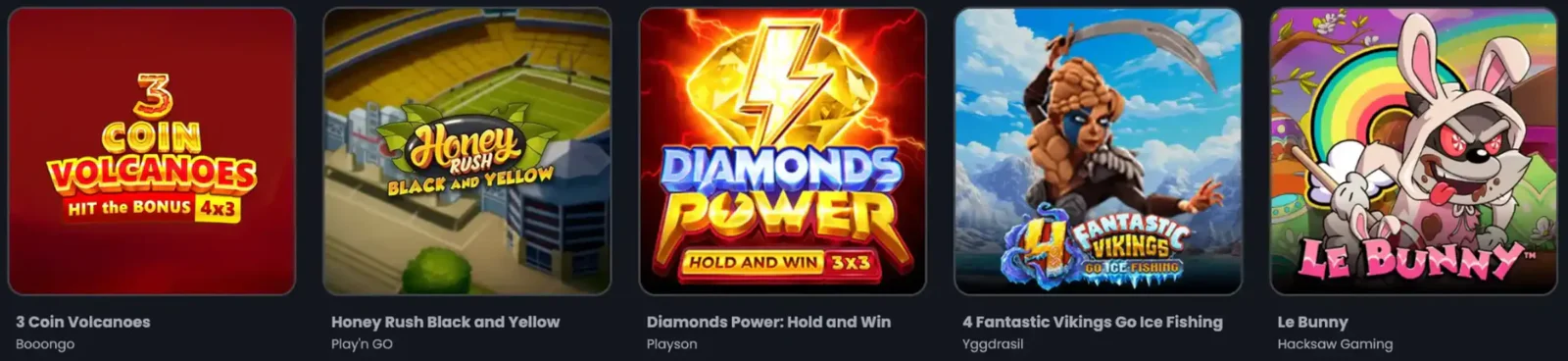 Machines à sous populaires de Casino Night, dont 3 Coin Volcanoes, Diamonds Power et Le Bunny, avec les noms des fournisseurs